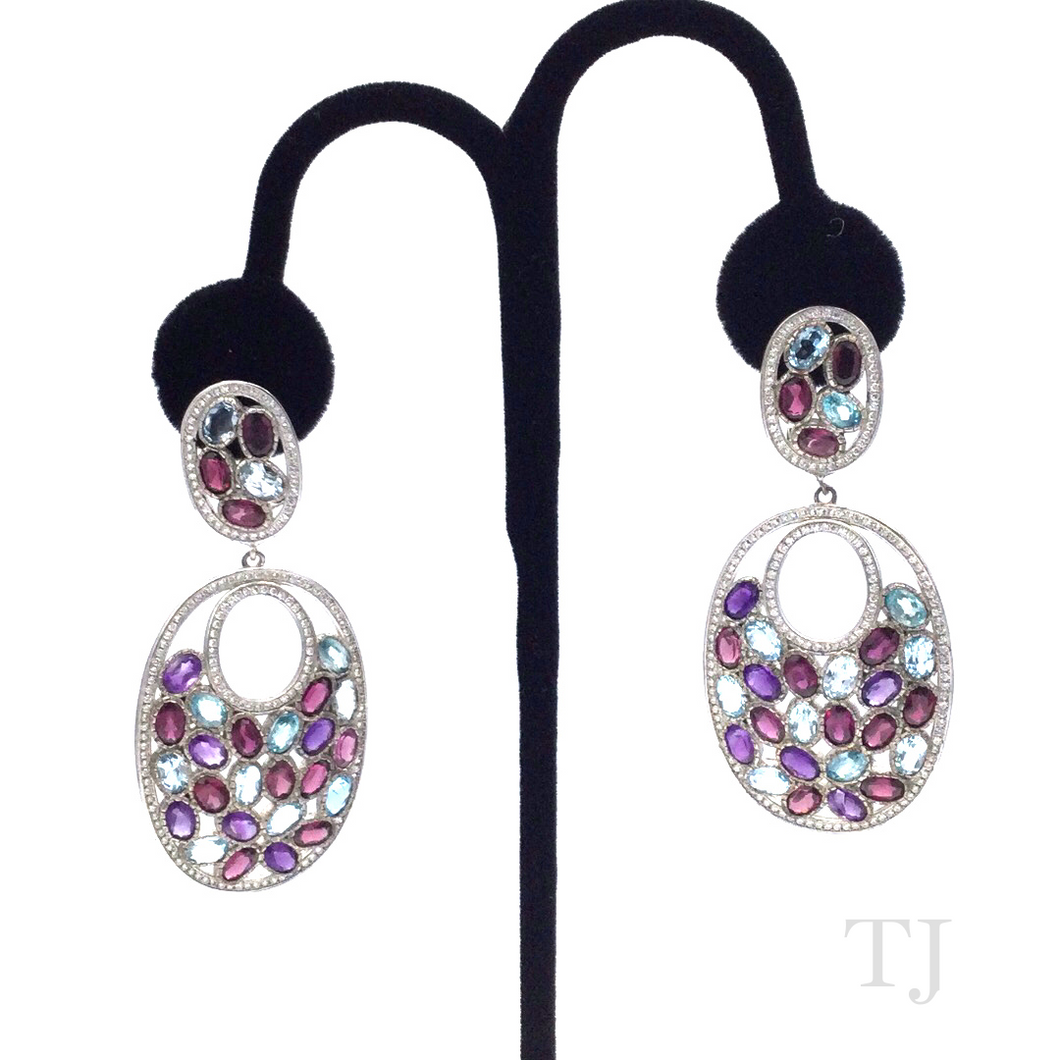 Multi Gemstones Double Oval Shape Earrings in Sterling Silver