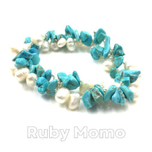 Cargar imagen en el visor de la galería, Freshwater Pearl with Blue Turquoise Bracelet Stretchy
