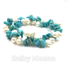 Cargar imagen en el visor de la galería, Freshwater Pearl with Blue Turquoise Bracelet Stretchy
