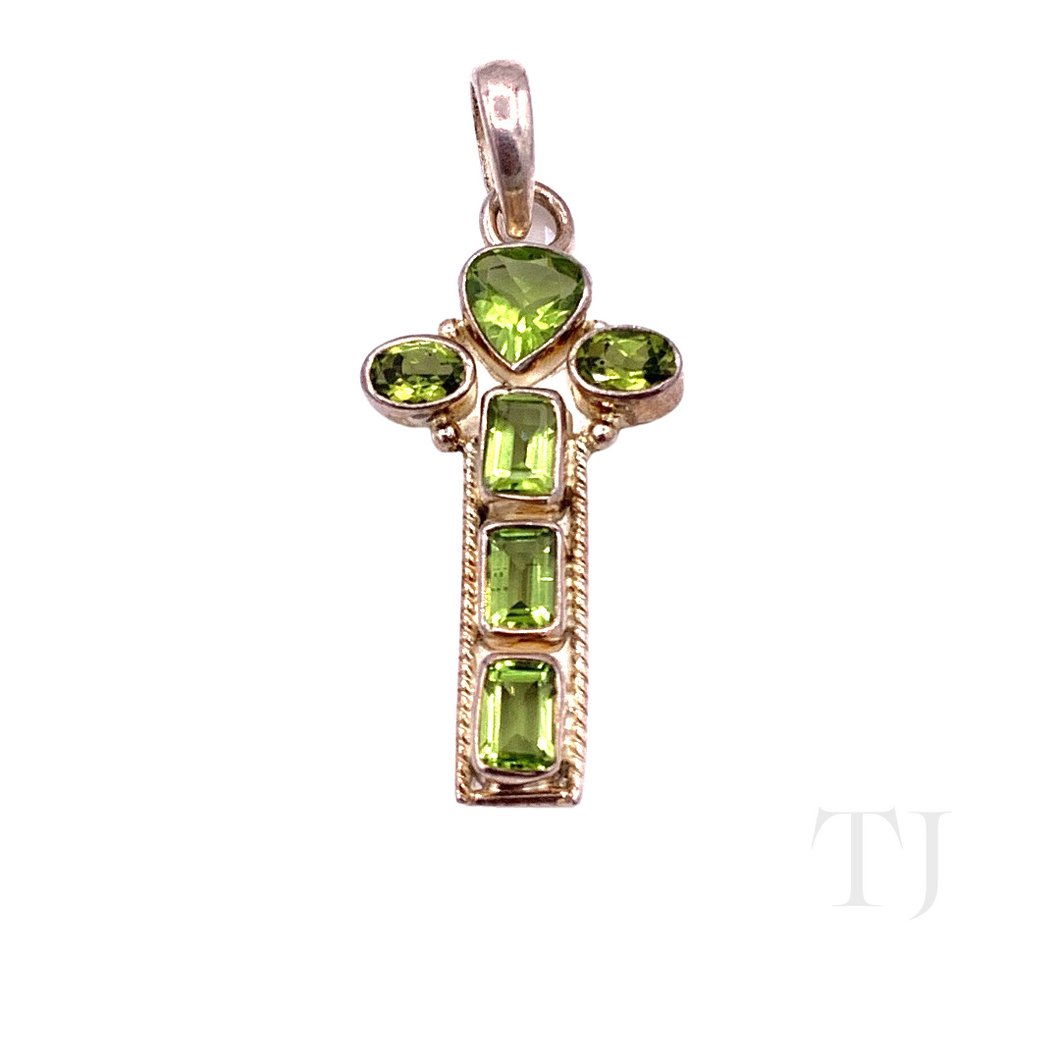 Peridot Faceted Cut Cross Pendant in Sterling Silver