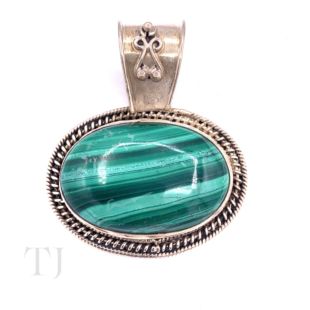 Malachite Oval Cabochon Pendant in Sterling Silver