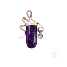 Load image into Gallery viewer, Amethyst tooth shaped stone with pearl and aquamarine pendant in sterling silver frame
