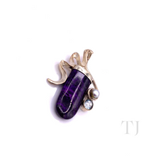 Load image into Gallery viewer, side view of Amethyst tooth stone with pearl &amp; aquamarine pendant in sterling silver frame
