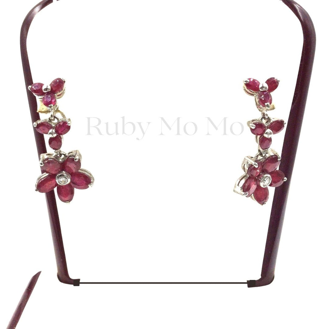 Ruby Triple Flowers Hanging Earrings in Sterling Silver