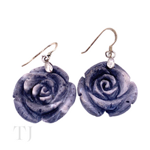 Load image into Gallery viewer, Blue Coral rose shaped earrings with sterling silver hooks
