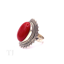 Load image into Gallery viewer, Coral Cabochon with Designed Sterling Silver Ring
