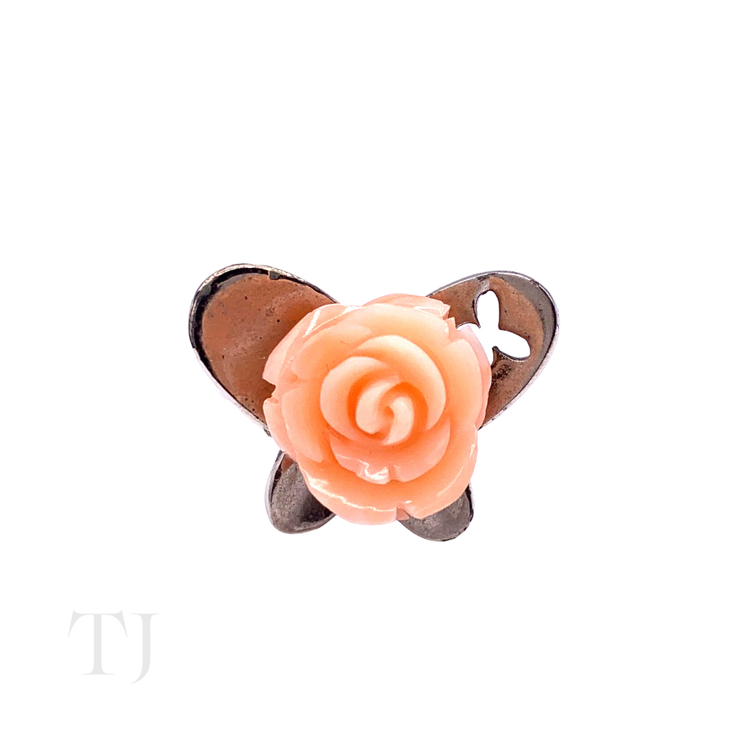 Italian Angle Skin Coral Rose Ring in Sterling Silver