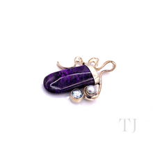 Load image into Gallery viewer, side view of Amethyst tooth shaped stone with pearl and aquamarine pendant in sterling silver
