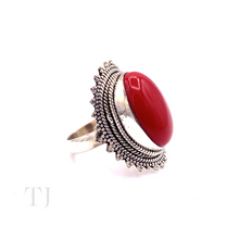 Load image into Gallery viewer, Coral Cabochon with Designed Sterling Silver Ring
