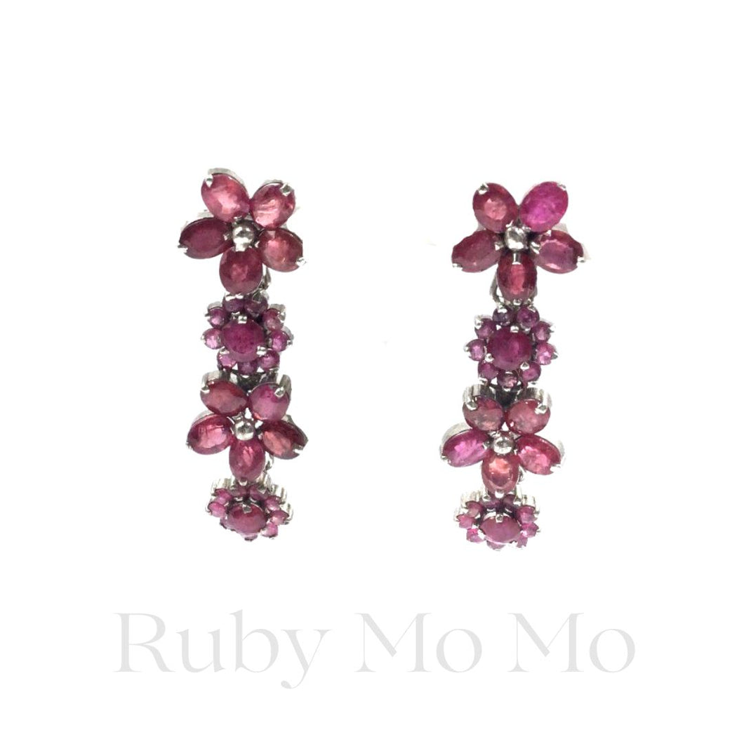 Ruby Quadruple Flowers Earrings in Sterling Silver