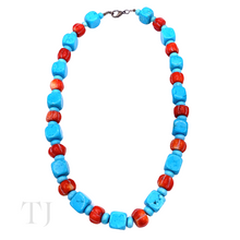 Cargar imagen en el visor de la galería, Blue Turquoise &amp; Red Coral Necklace with lobster clasp
