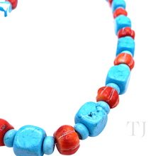 Cargar imagen en el visor de la galería, Blue Turquoise &amp; Red Coral Necklace with lobster clasp
