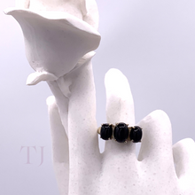 Load image into Gallery viewer, Three Black Onyx Cabochon stones in sterling silver setting ring on a doll&#39;s finger
