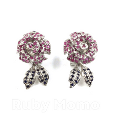 Load image into Gallery viewer, Ruby &amp; Sapphire Rose Earrings in Sterling Silver
