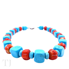 将图片加载到图库查看器，Blue Turquoise &amp; Red Coral Necklace with lobster clasp
