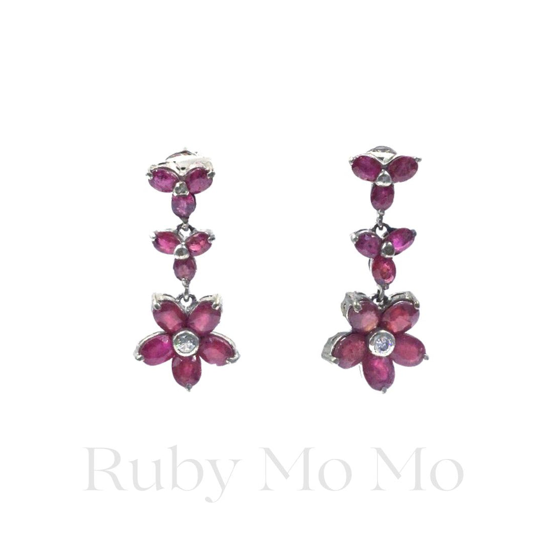 Ruby Floral Hanging Earrings in Sterling Silver