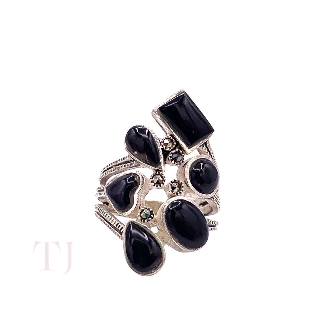 Black Onyx Cabochon Stones in Sterling Silver Ring