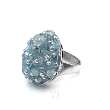 Load image into Gallery viewer, Top side view of Aquamarine grape style ring in sterling silver setting
