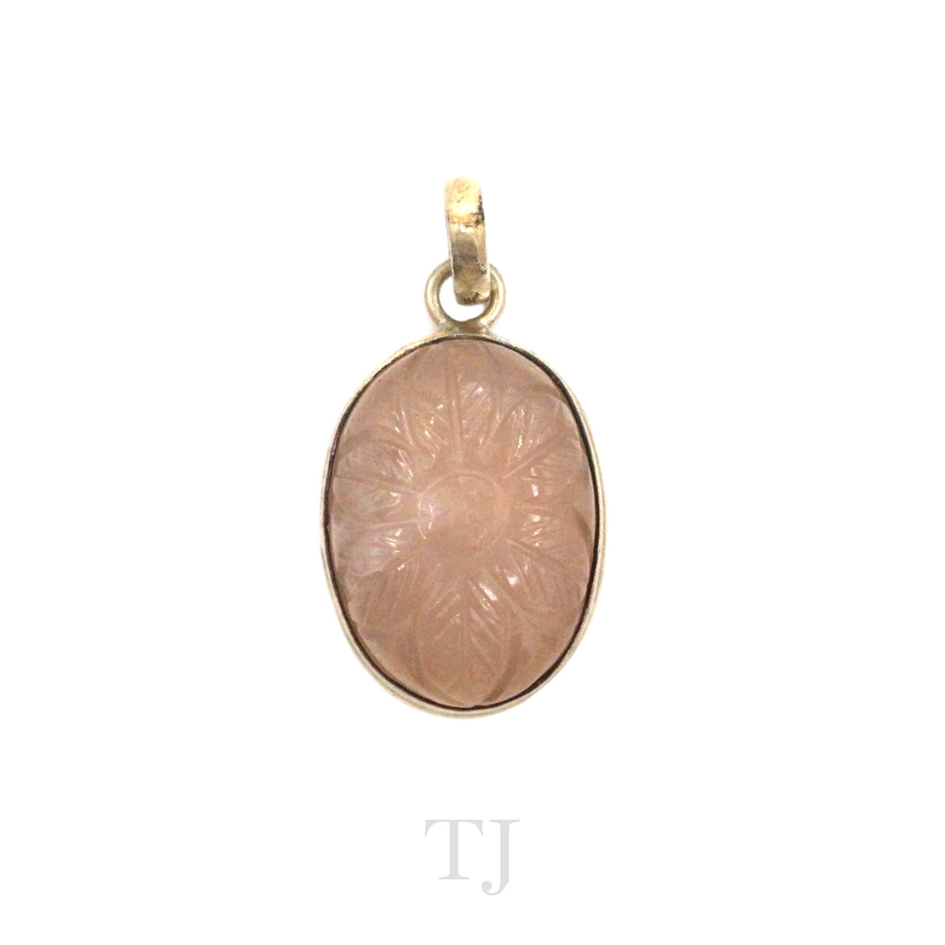 Rose Quartz Flower in Oval Pendant Sterling Silver