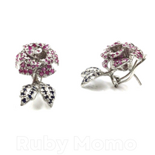 Load image into Gallery viewer, Ruby &amp; Sapphire Rose Earrings in Sterling Silver
