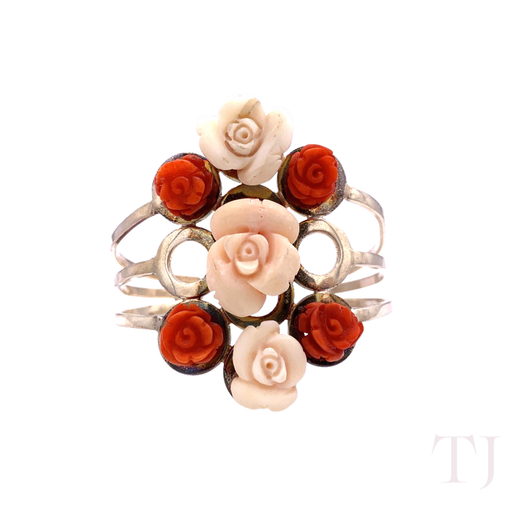 Italian Red & White Rose Coral Bracelet in Sterling Silver