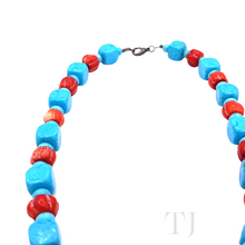 将图片加载到图库查看器，Blue Turquoise &amp; Red Coral Necklace with lobster clasp
