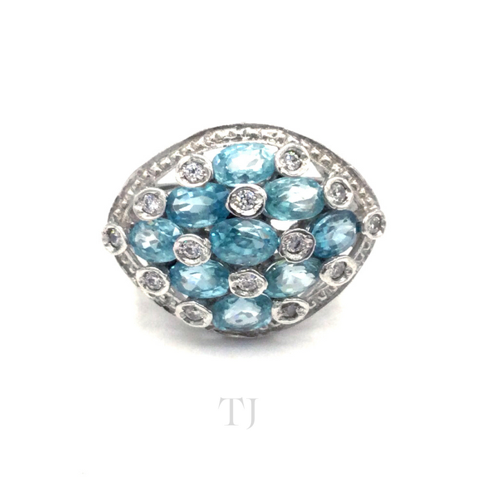 Aquamarine stones in sterling silver setting ring with diamonique