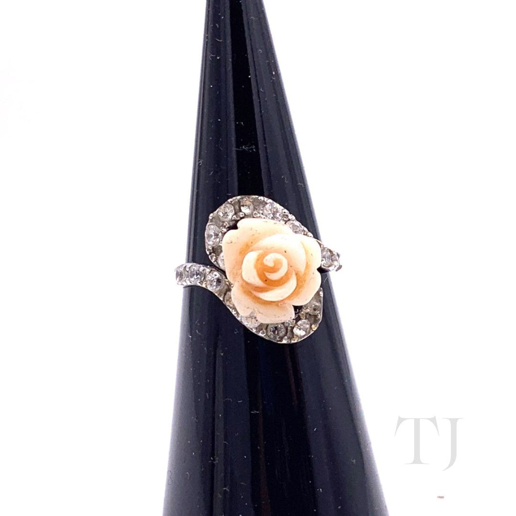 White Coral Rose Ring in 14K White Gold