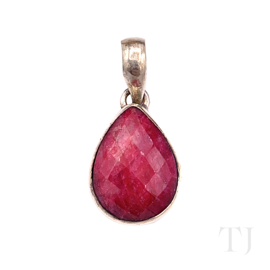 Indian Ruby Tear Drop Cut Pendant in Sterling Silver