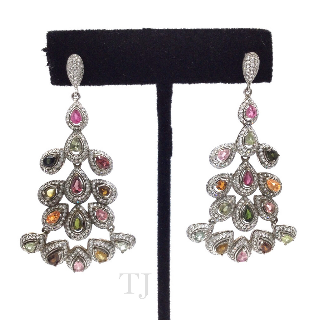 Multi-colored Tourmaline Hanging Earrings in Sterling Silver