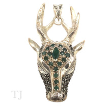 Load image into Gallery viewer, Emerald in Deer Shape with Ruby Eye in Sterling Silver Pendant
