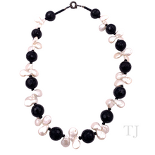 将图片加载到图库查看器，Black Onyx Faceted with Baroque Pearl Necklace with silver clasp
