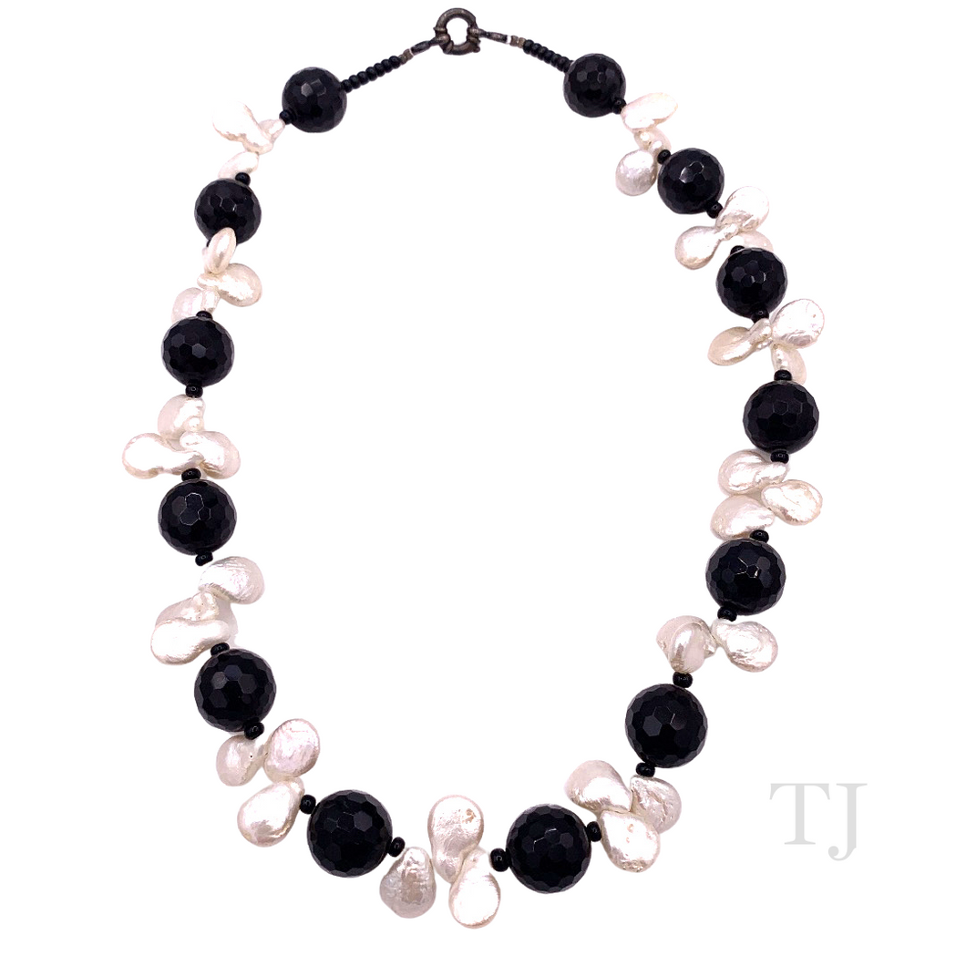 Black Onyx Faceted with Baroque Pearl Necklace with silver clasp