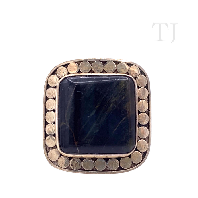 Blue Tiger's Eye Square Cabochon in sterling silver setting ring