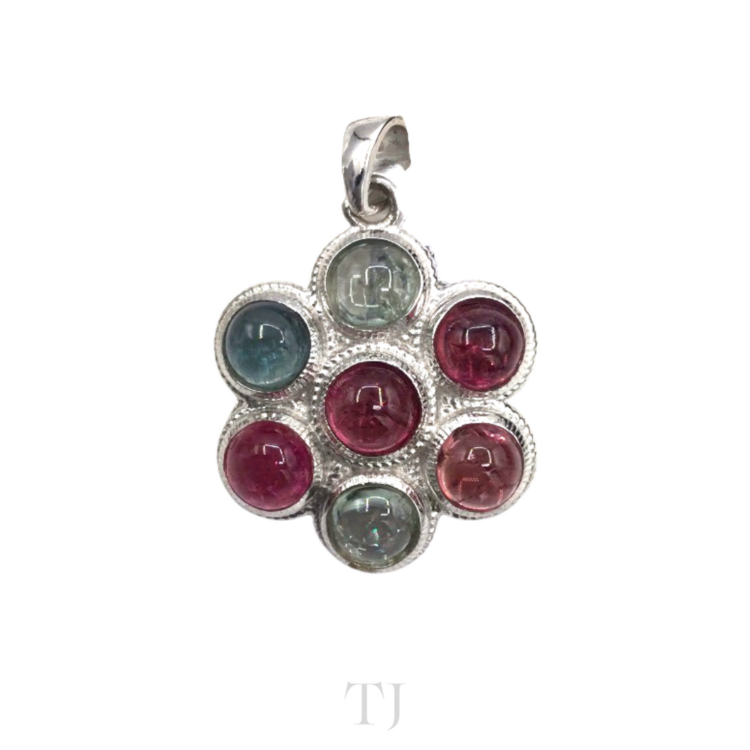 Multi-colored Tourmaline Flower Pendant in Sterling Silver