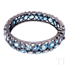 Load image into Gallery viewer, Aquamarine silver bangle bracelet (rhodium coated) with a clasp
