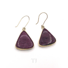 Load image into Gallery viewer, Anyolite Ruby in Zoisite Hanging Triangle Earrings in gold coated sterling silver
