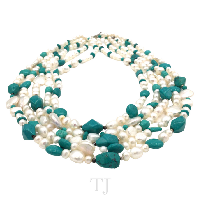 Blue Turquoise & Pearl 5 layered Necklace with extension