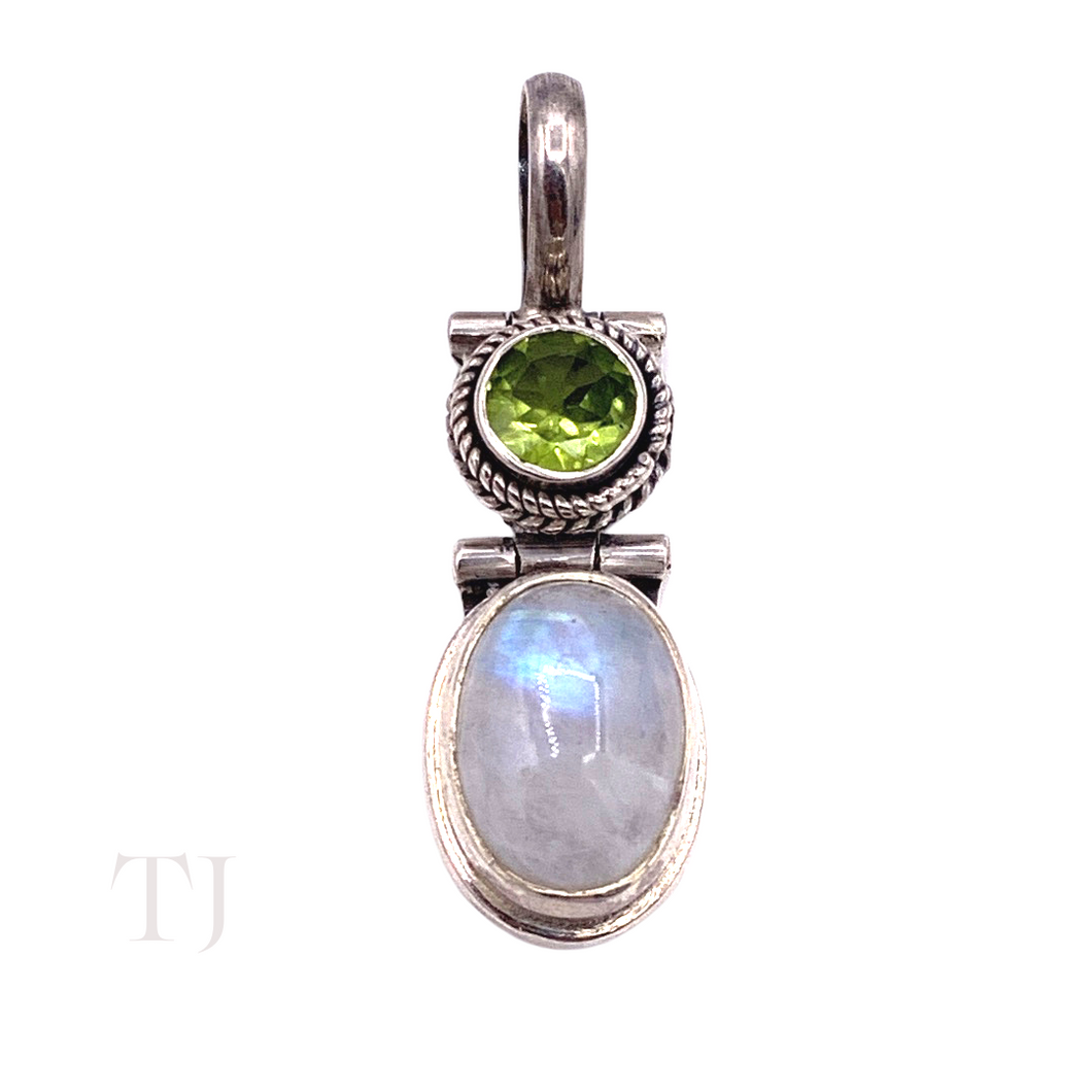 Moonstone Oval Cabochon & Peridot Pendant in Sterling Silver