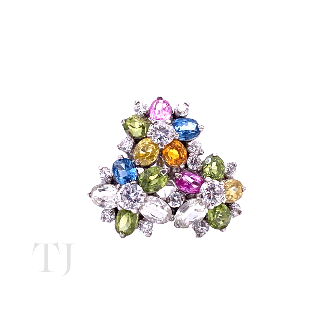 Multi Gemstones Triple Flower Ring in Sterling Silver