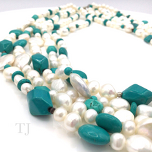 将图片加载到图库查看器，Blue Turquoise &amp; Pearl 5 layered Necklace with extension
