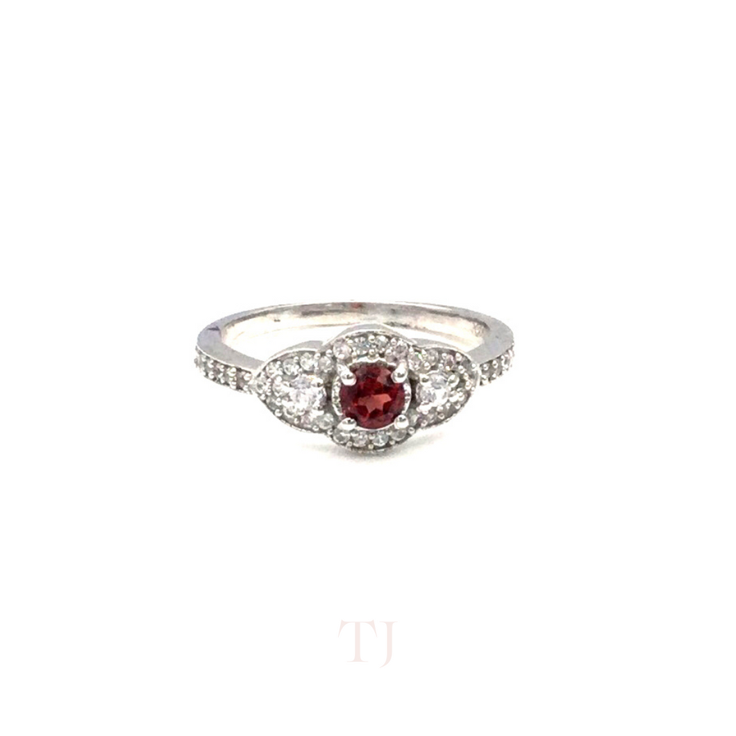 Garnet with Diamonique Ring in Sterling Silver