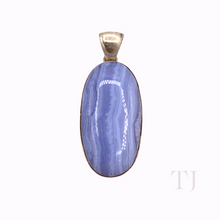 Load image into Gallery viewer, Blue Lace Agate Oval Cabochon in sterling silver framed pendant
