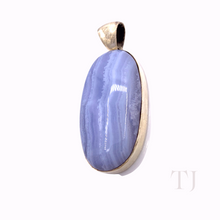 Load image into Gallery viewer, Blue Lace Agate Oval Cabochon in sterling silver framed pendant
