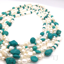 Cargar imagen en el visor de la galería, Blue Turquoise &amp; Pearl 5 layered Necklace with extension
