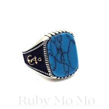 Load image into Gallery viewer, Blue Turquoise Flat stone in a sterling silver framed ring, especially for men
