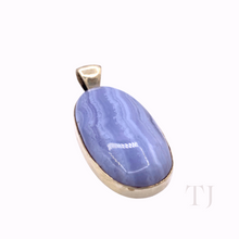 Load image into Gallery viewer, Blue Lace Agate Oval Cabochon in sterling silver framed pendant
