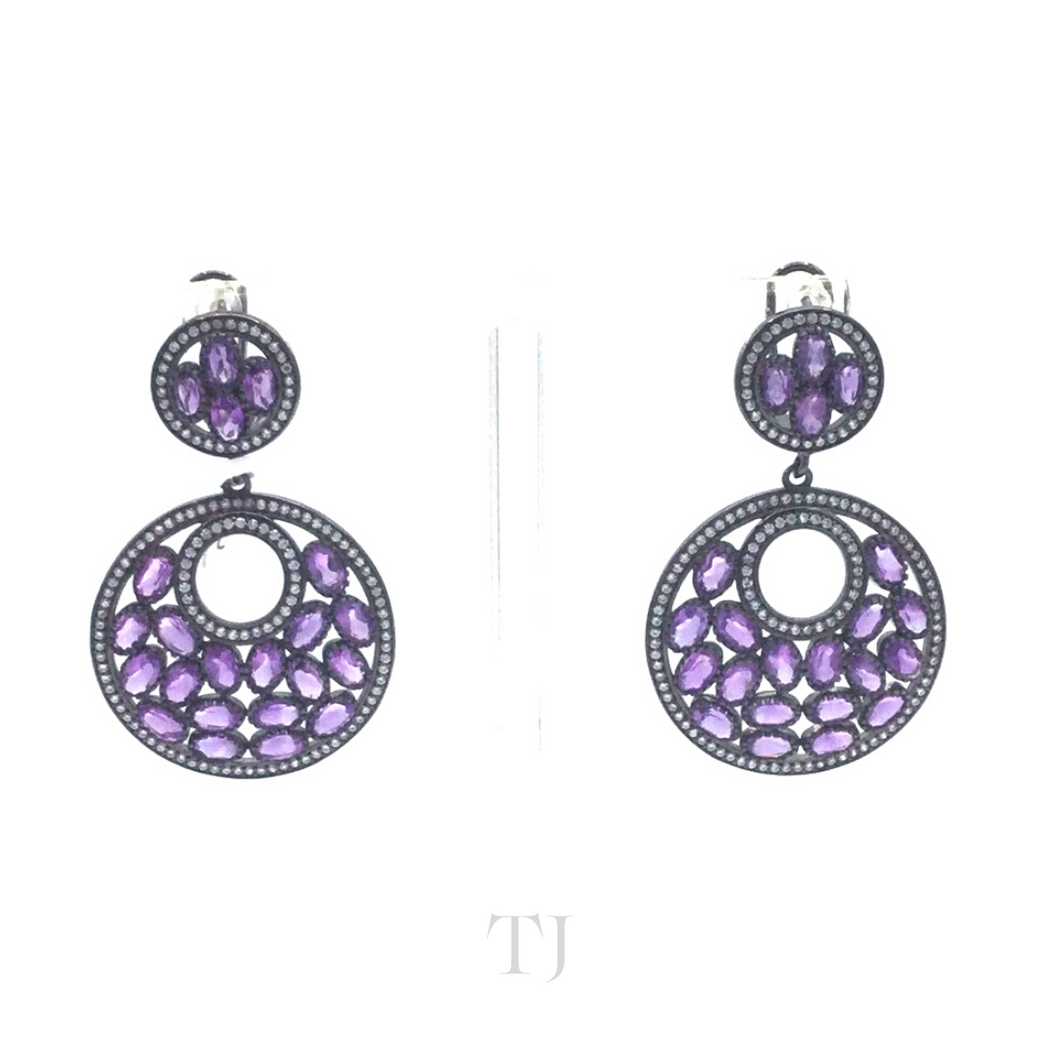 Amethyst Circle hanging earrings in sterling silver rhodium coated