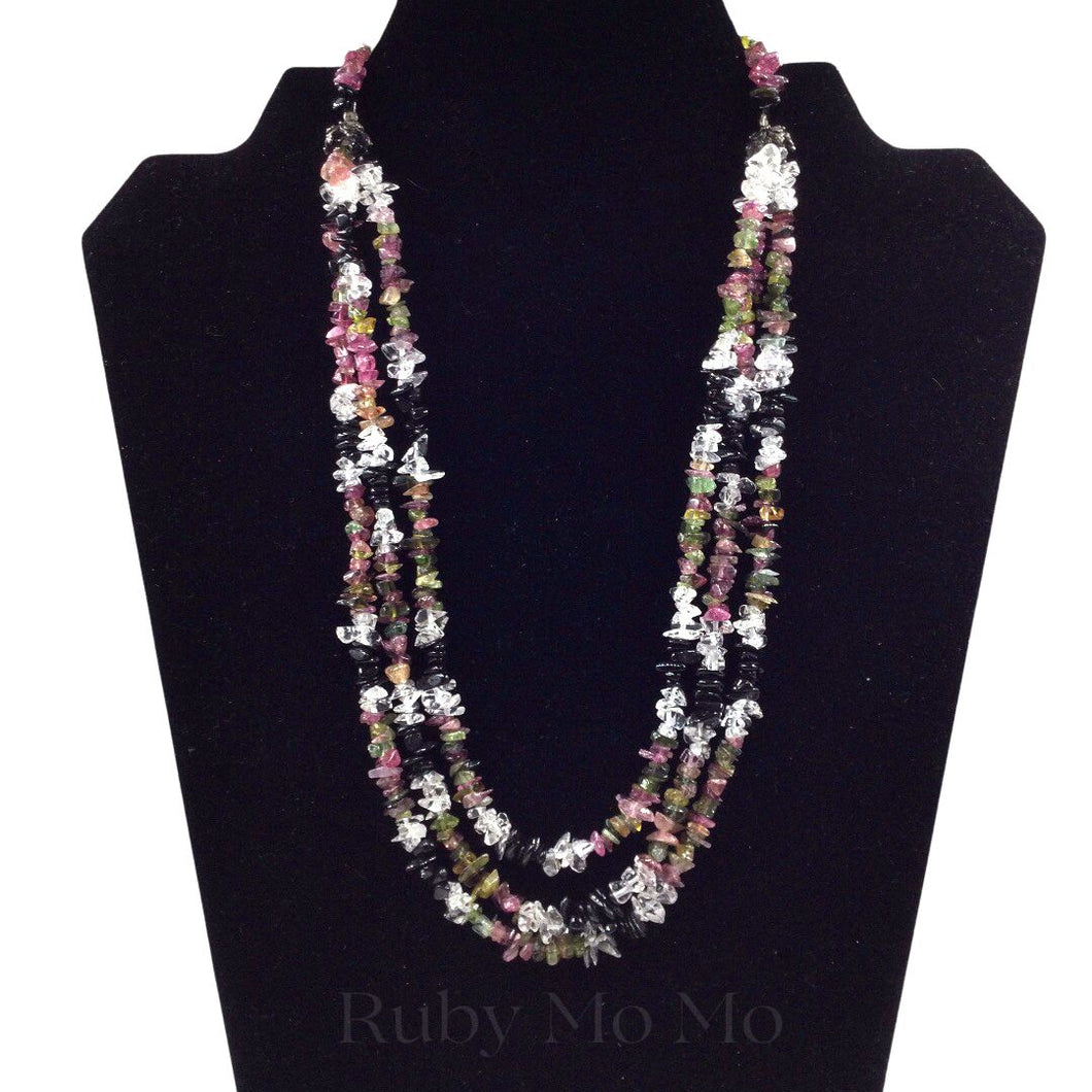 Tourmaline, Clear Quartz & Black Onyx 3 layered Necklace