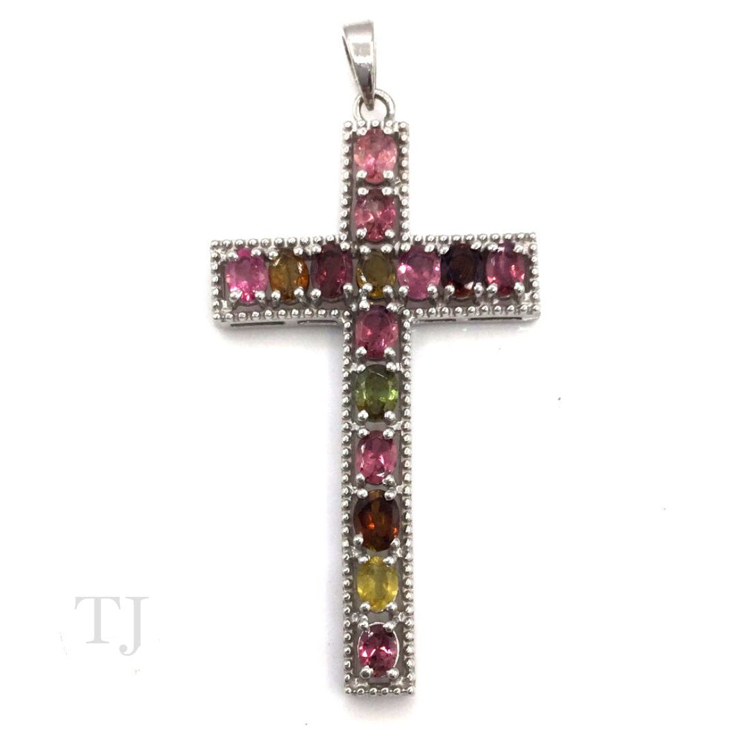 Multi-colored Tourmaline Cross Pendant in Sterling Silver